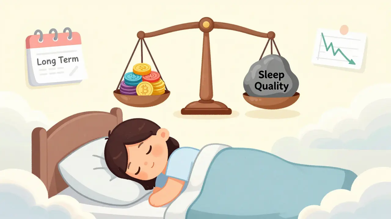 Illustration of a person sleeping peacefully with a balanced scale of crypto and sleep.