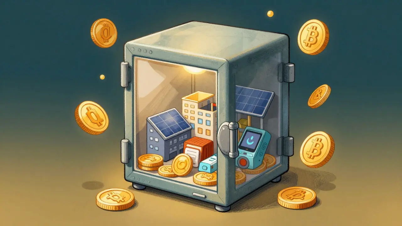 Illustration of a safe filled with real-world assets and golden crypto coins.