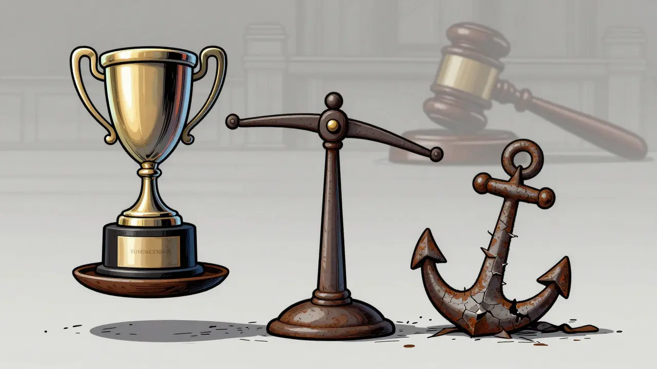 Illustration of a scale tipping towards a rusted anchor against a corporate trophy
