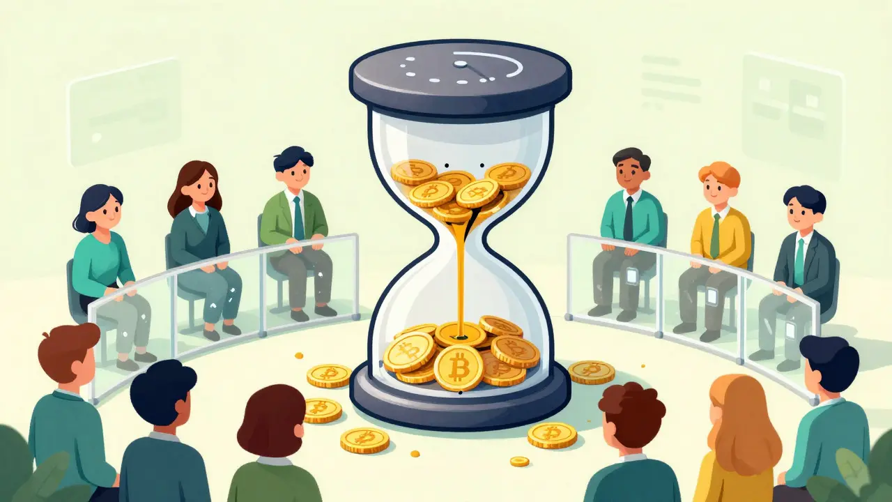 Illustration of a timer mechanism controlling the gradual release of crypto coins