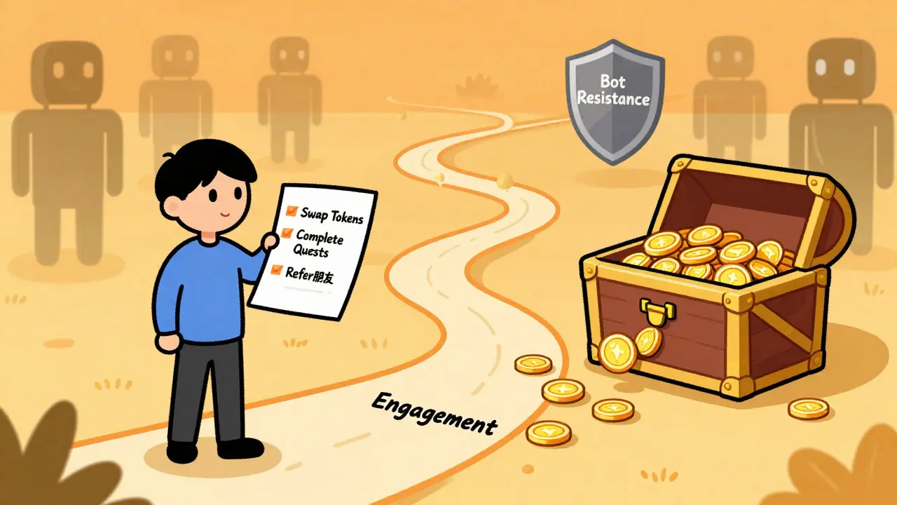 Illustration of a user earning ROSX tokens through ongoing engagement tasks.