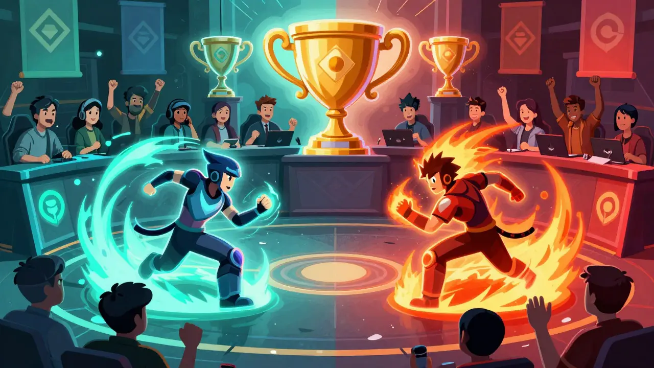 Illustration of two avatars competing in a magical arena with cheering crowds