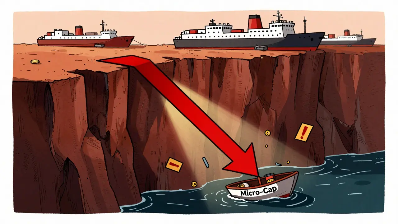 Tiny boat crashing down a cliff representing market volatility