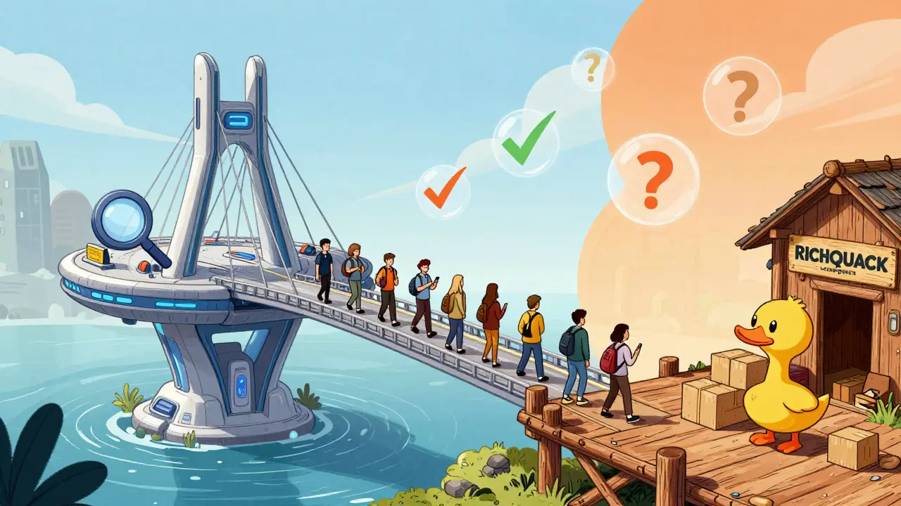 Users crossing a bridge between a tech platform and a duck-themed dock