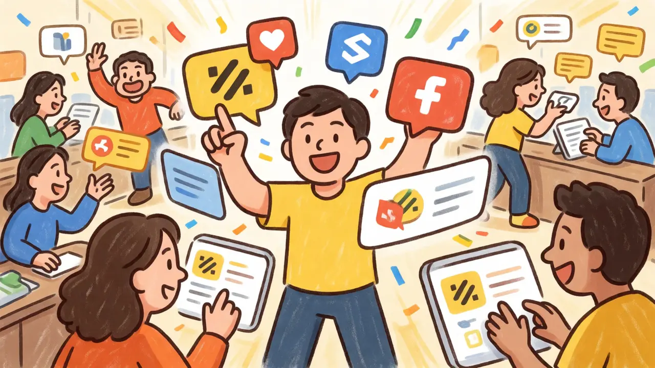 Users engaging with digital tasks and social media icons in a busy crypto community hub