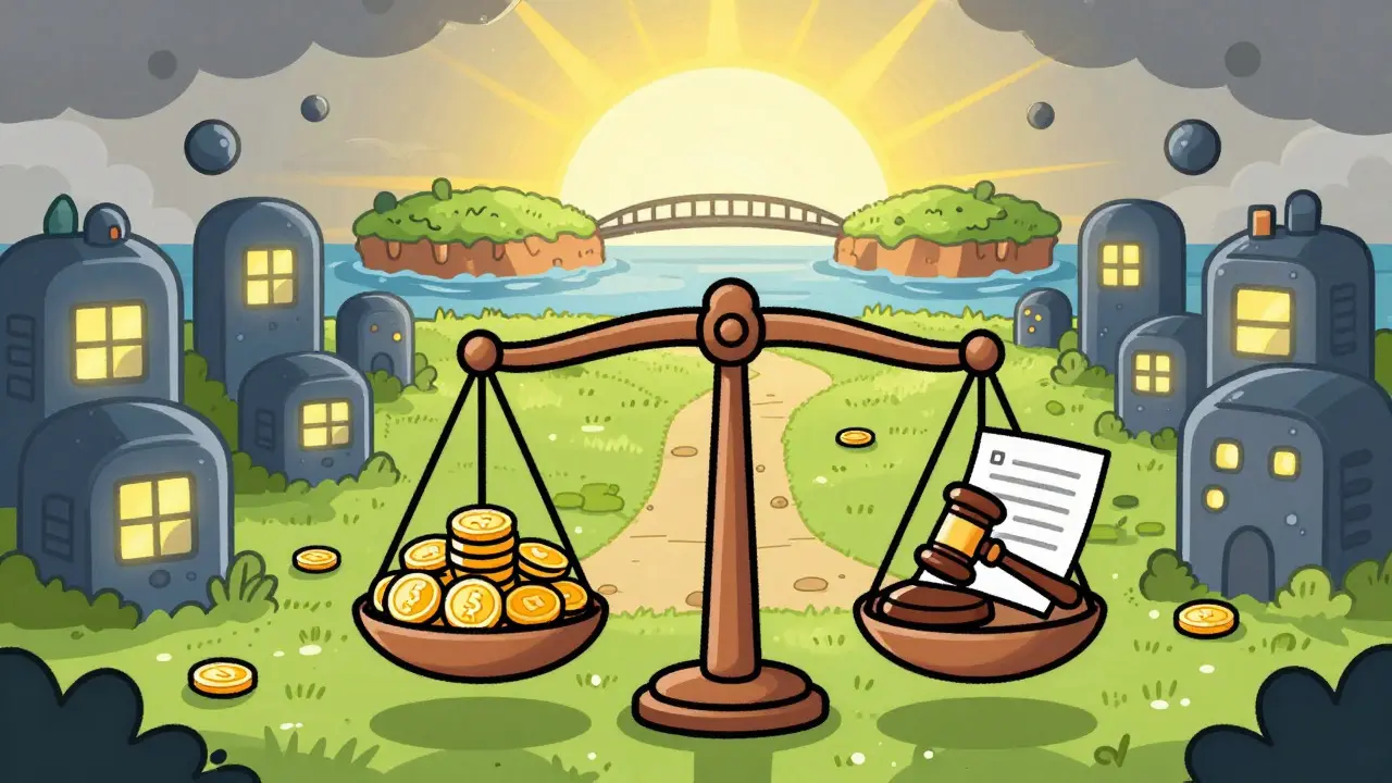Whimsical drawing of a balance scale with tokens and legal documents, set against a backdrop of blockchain city nodes