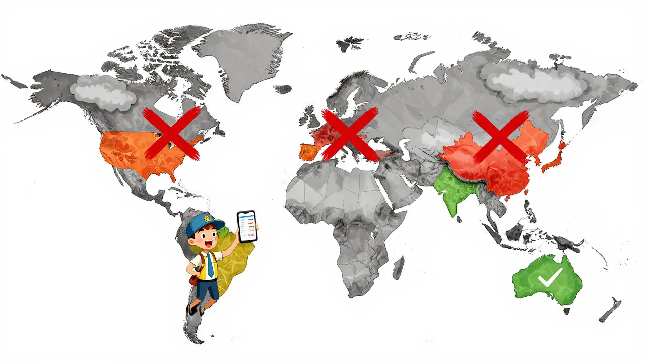 World map showing geo-blocked countries for crypto trading platform