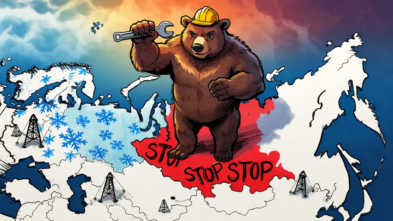 A cartoon bear wearing a hard hat stands over a map of Russia with restricted zones.