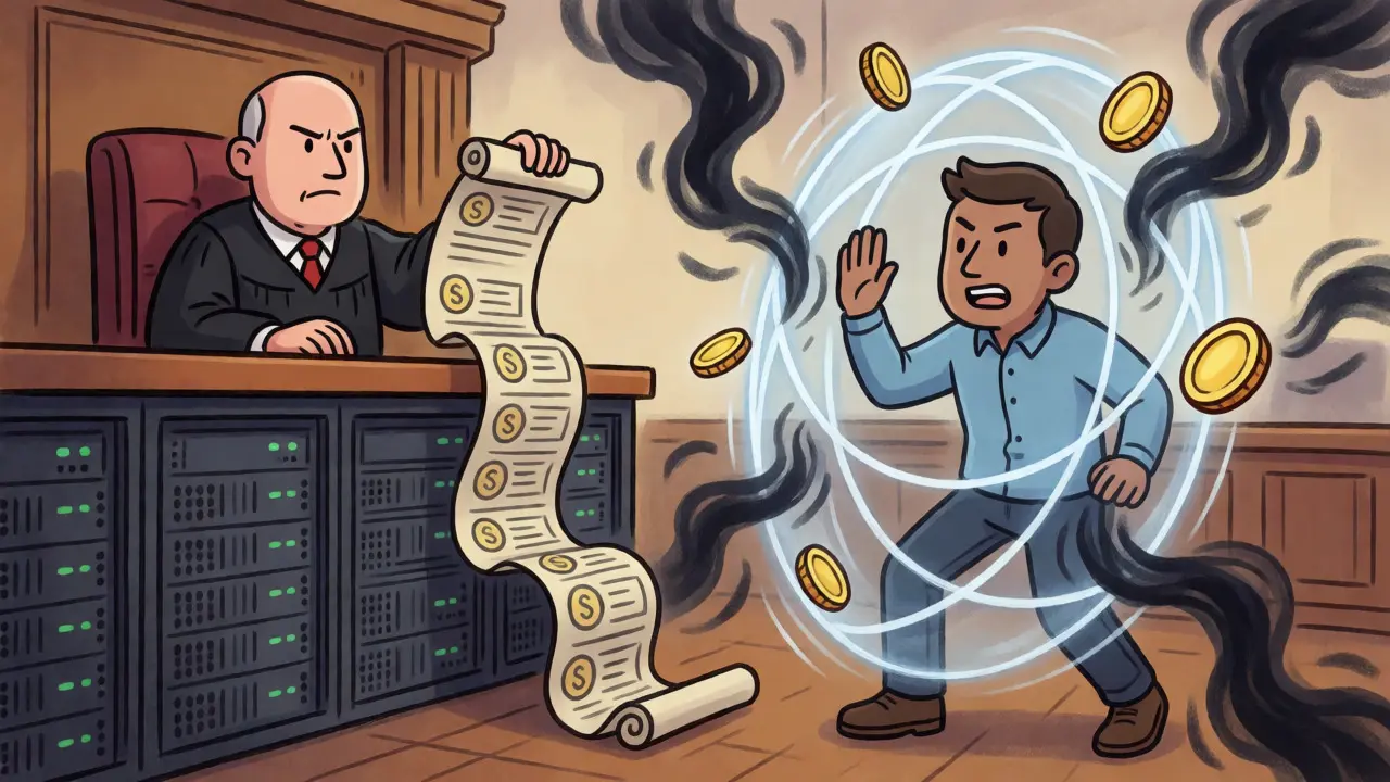 A developer defending against a judge with a shield of geometric privacy patterns in a tech-themed courtroom.