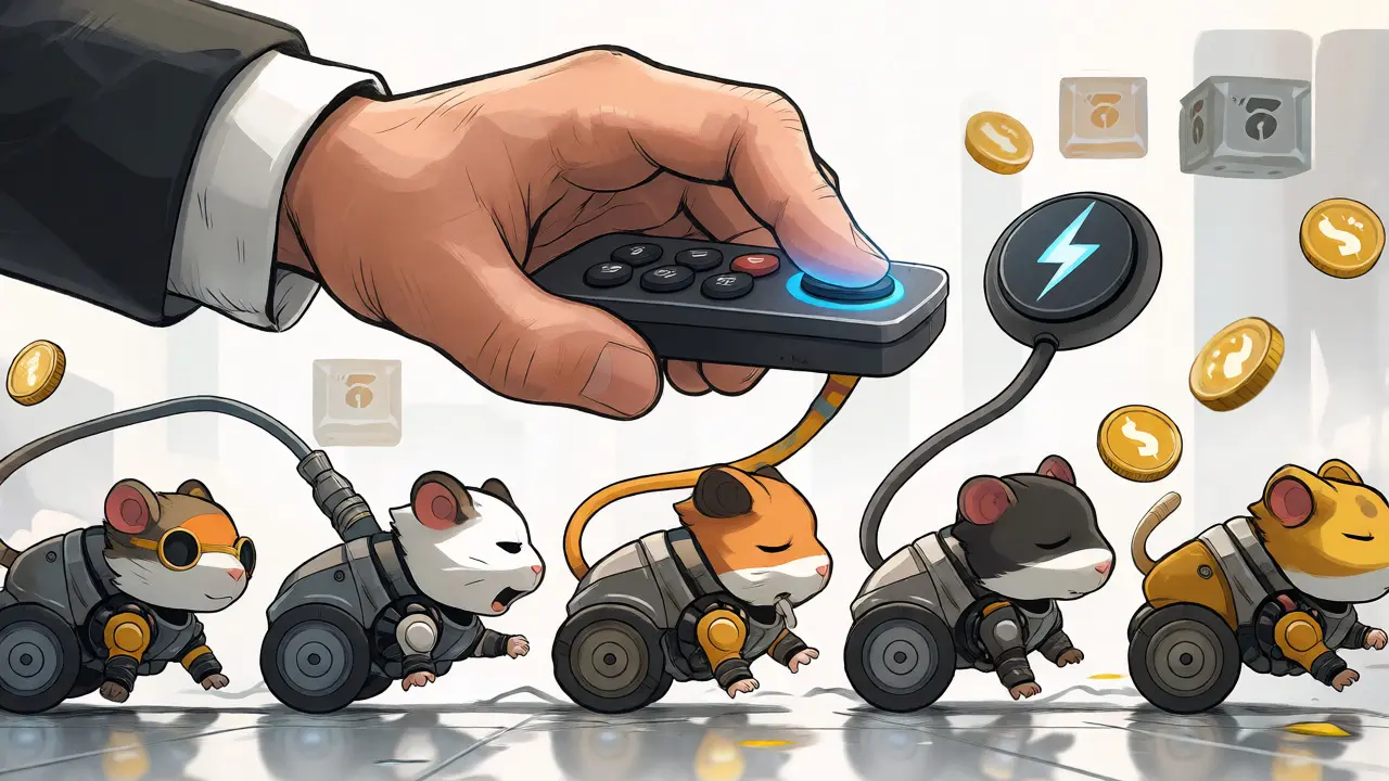 A giant hand uses a remote to pause robotic hamster miners running on wheels.