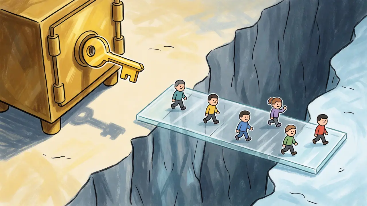 A golden vault next to a fragile glass bridge over a chasm, symbolizing token risks.