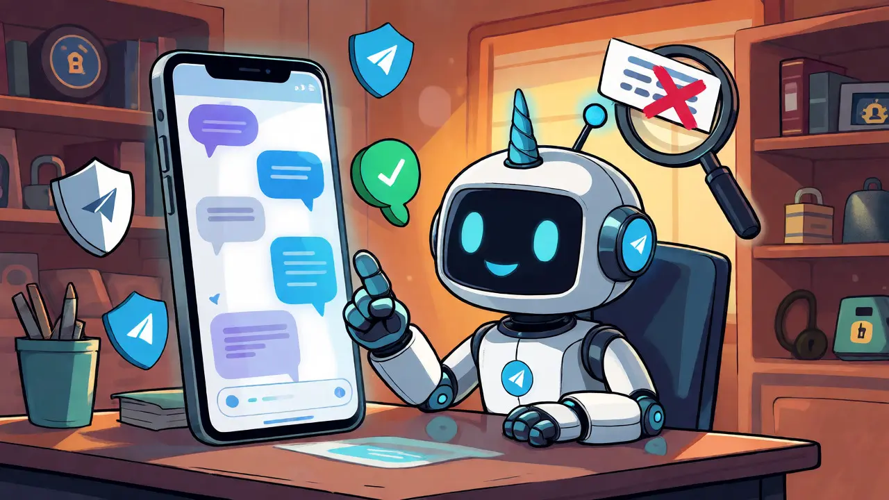 A robot mascot securing a mobile wallet against scam links in a cozy room.