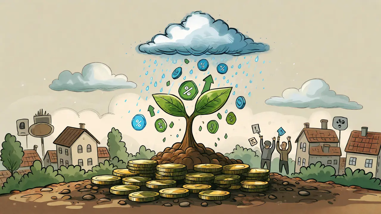 A sapling growing from crypto coins, symbolizing staking rewards and growth.
