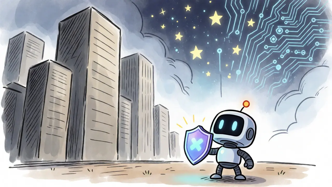 A small robot holding an NFT shield facing large corporate towers in the distance.