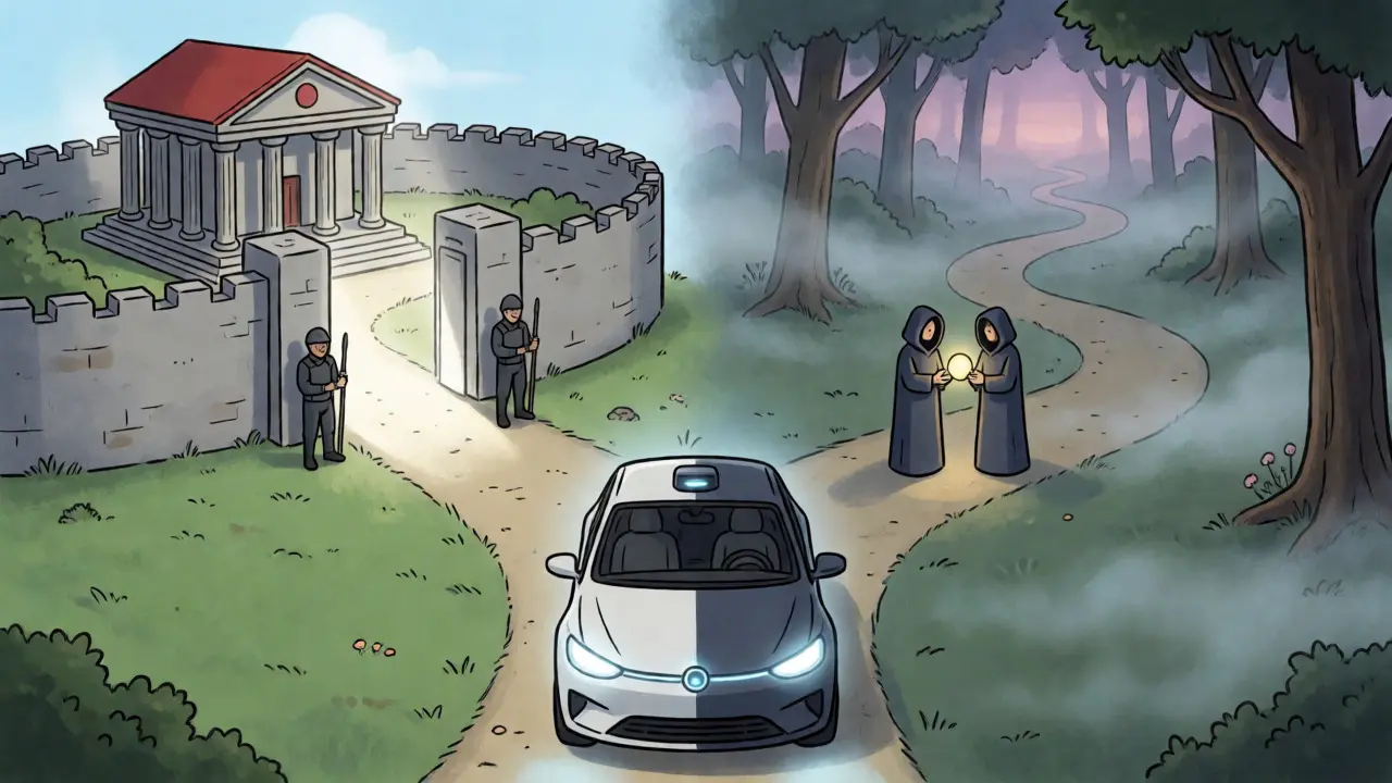 A split scene showing a regulated bank fortress versus a misty anonymous forest path for crypto privacy.