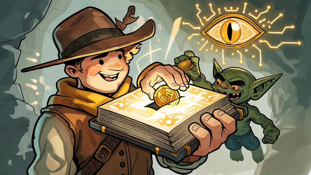 An adventurer placing tokens into a magic ledger while avoiding scam goblins.