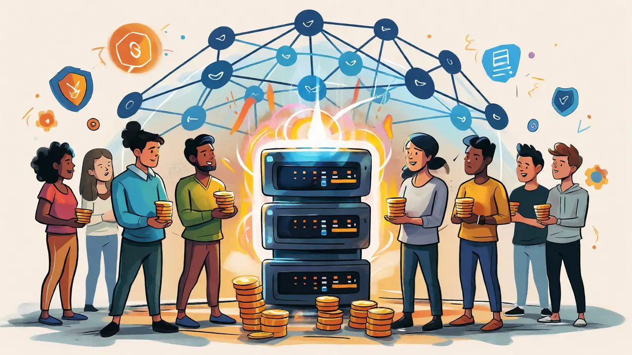 Cartoon avatars staking tokens around a glowing Super Node server for governance and fees.