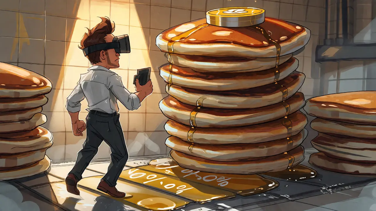 Cartoon investor navigating a tricky path up a stack of pancakes representing DEX trading.