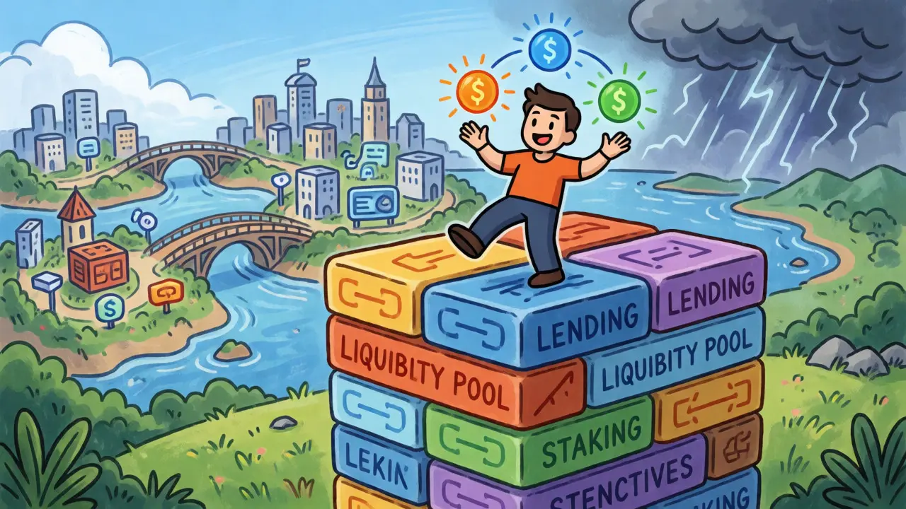 Character balancing on a stack of DeFi protocols while juggling yield sources.