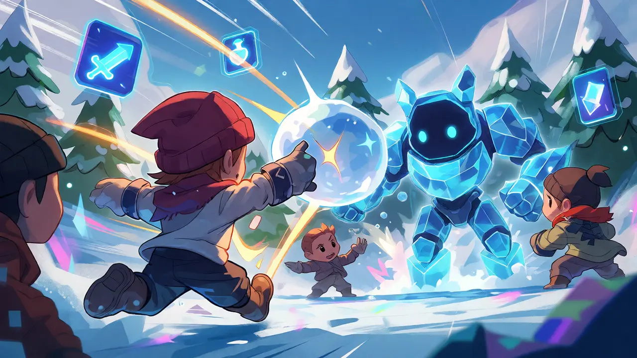 Chibi characters fighting an ice boss with floating NFT items