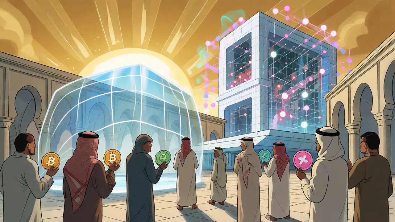 Citizens protected by a digital shield against a backdrop of futuristic bank networks.