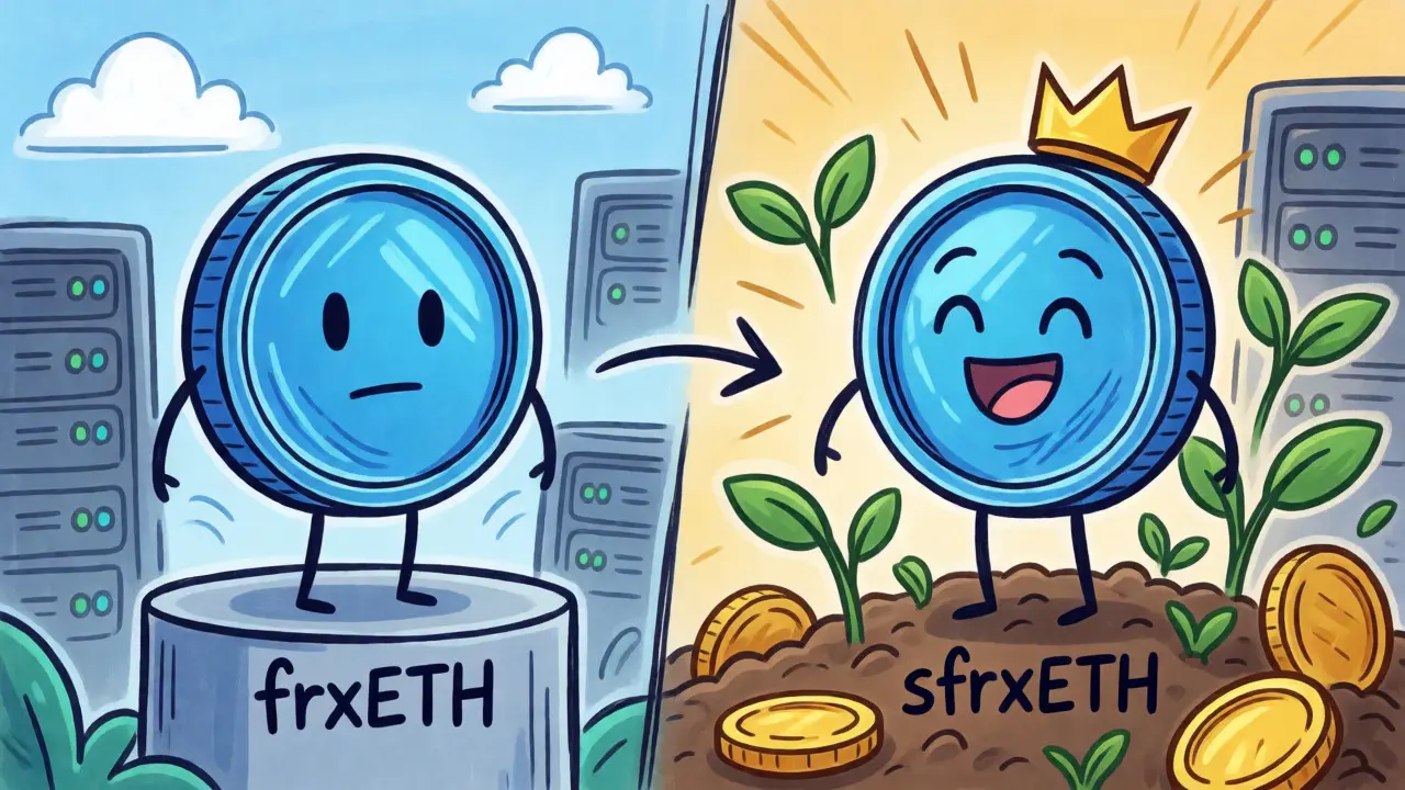 Comparison of static frxETH coin and yield-generating sfrxETH character.
