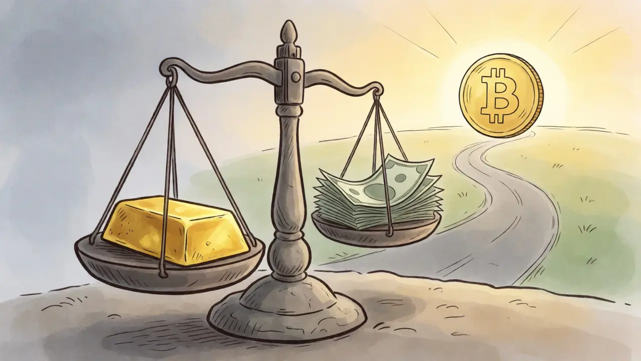 Conceptual balance scale weighing a solid Bitcoin against fluttering fiat banknotes.