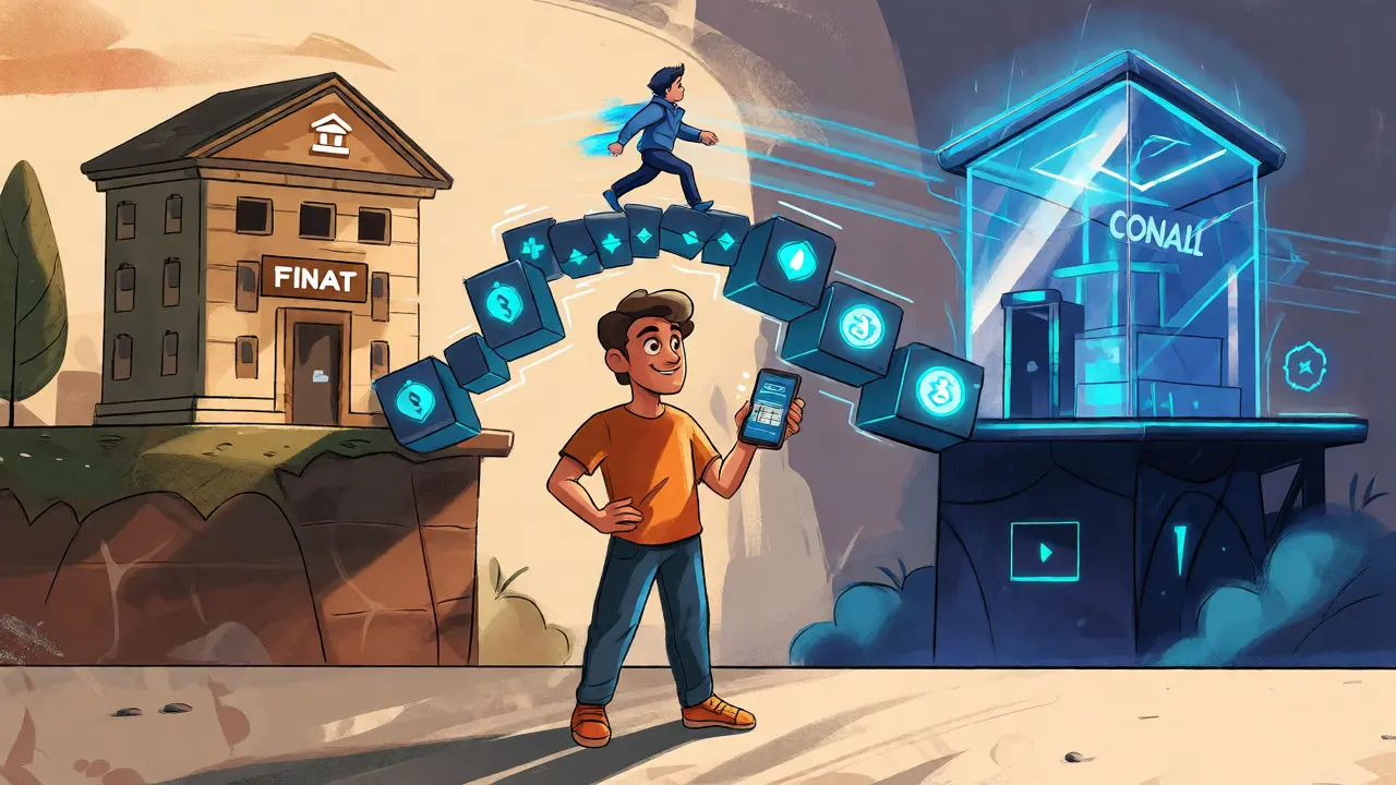 Digital art showing a user bridging fiat banks to a crypto exchange via blockchain blocks.