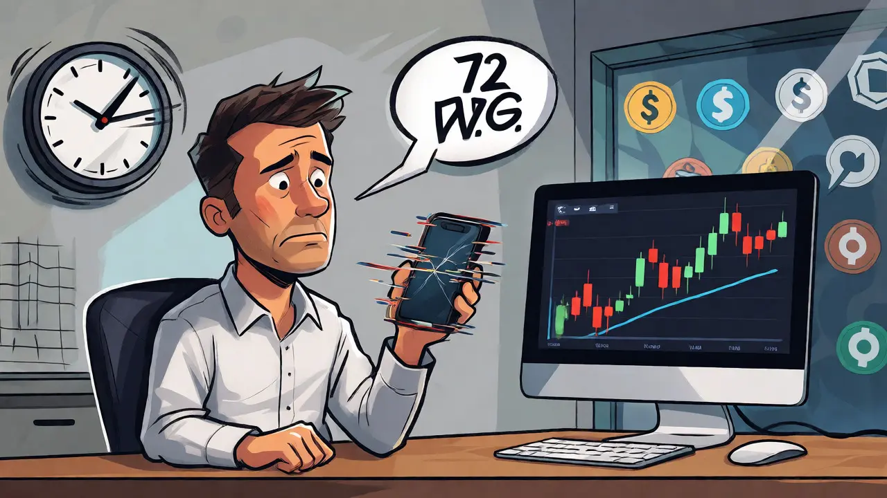 Frustrated trader with glitchy phone vs smooth desktop, highlighting mobile issues and slow support.