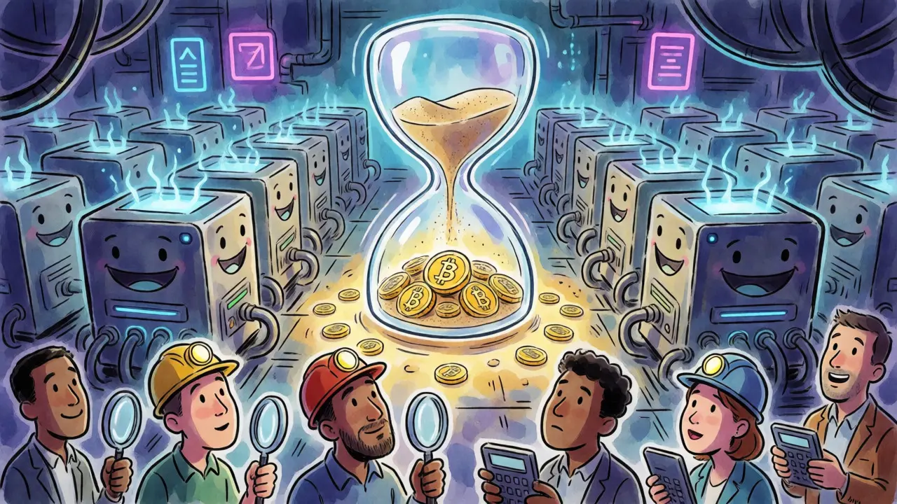 Futuristic mining facility with ASIC machines and an hourglass transforming sand into Bitcoin.