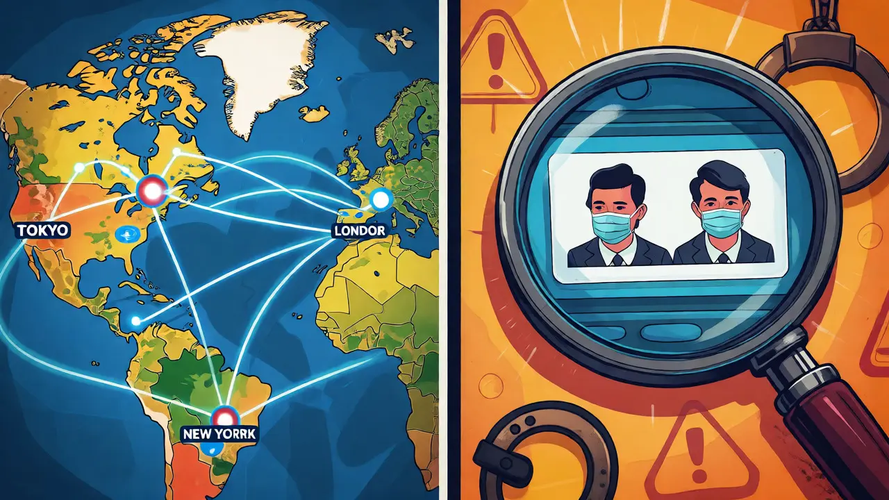 Global map connecting cities with magnified crypto wallet