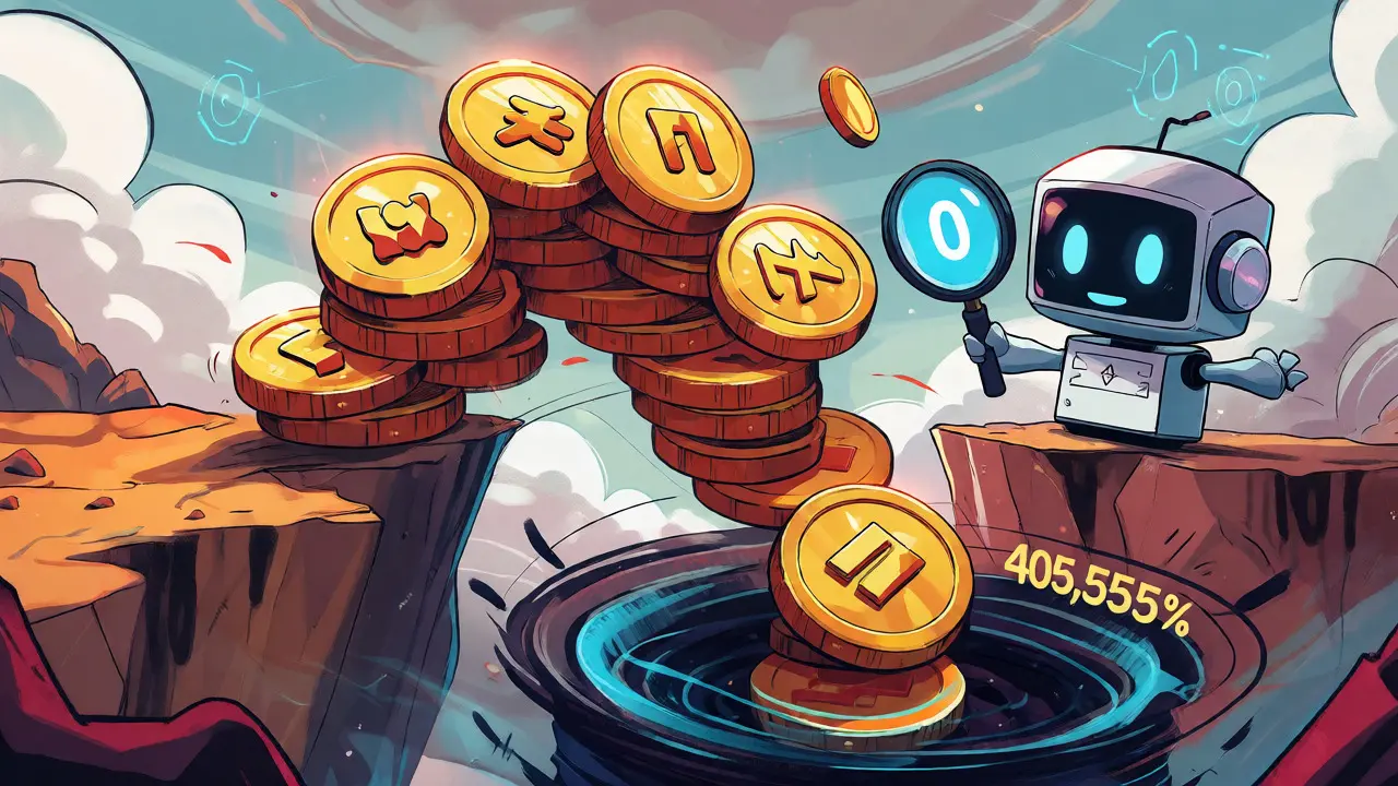 Hand-drawn art showing unstable token stacks falling into an inflation vortex.