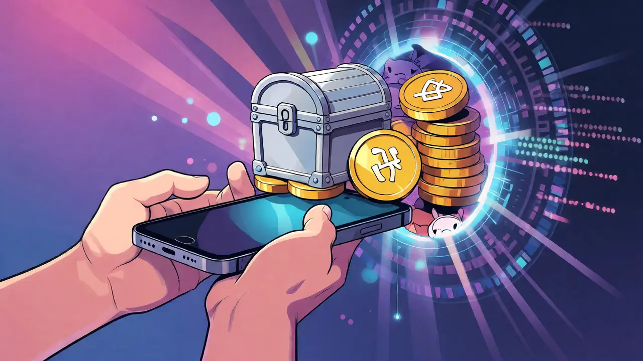 Hands connecting a phone to a portal releasing game rewards