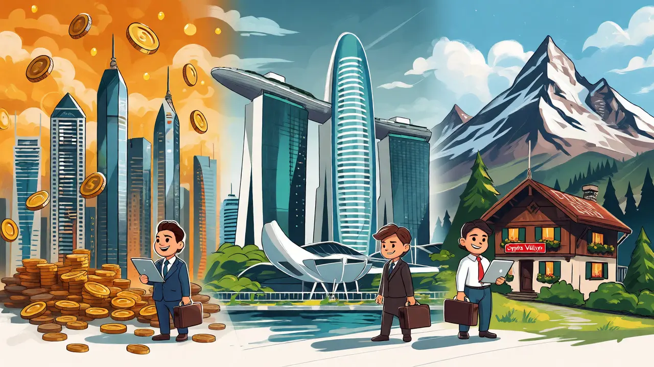 Illustrated comparison of Dubai, Singapore, and Switzerland as crypto business hubs.