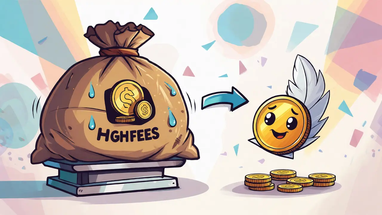 Illustration comparing heavy high-fee sacks against light low-fee coin packets.