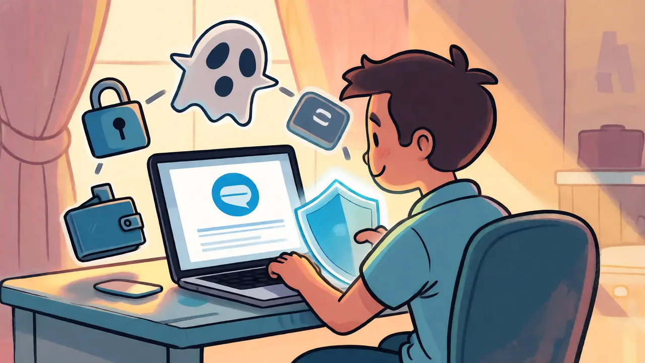 Illustration of a user securely chatting on a private platform with privacy shields.