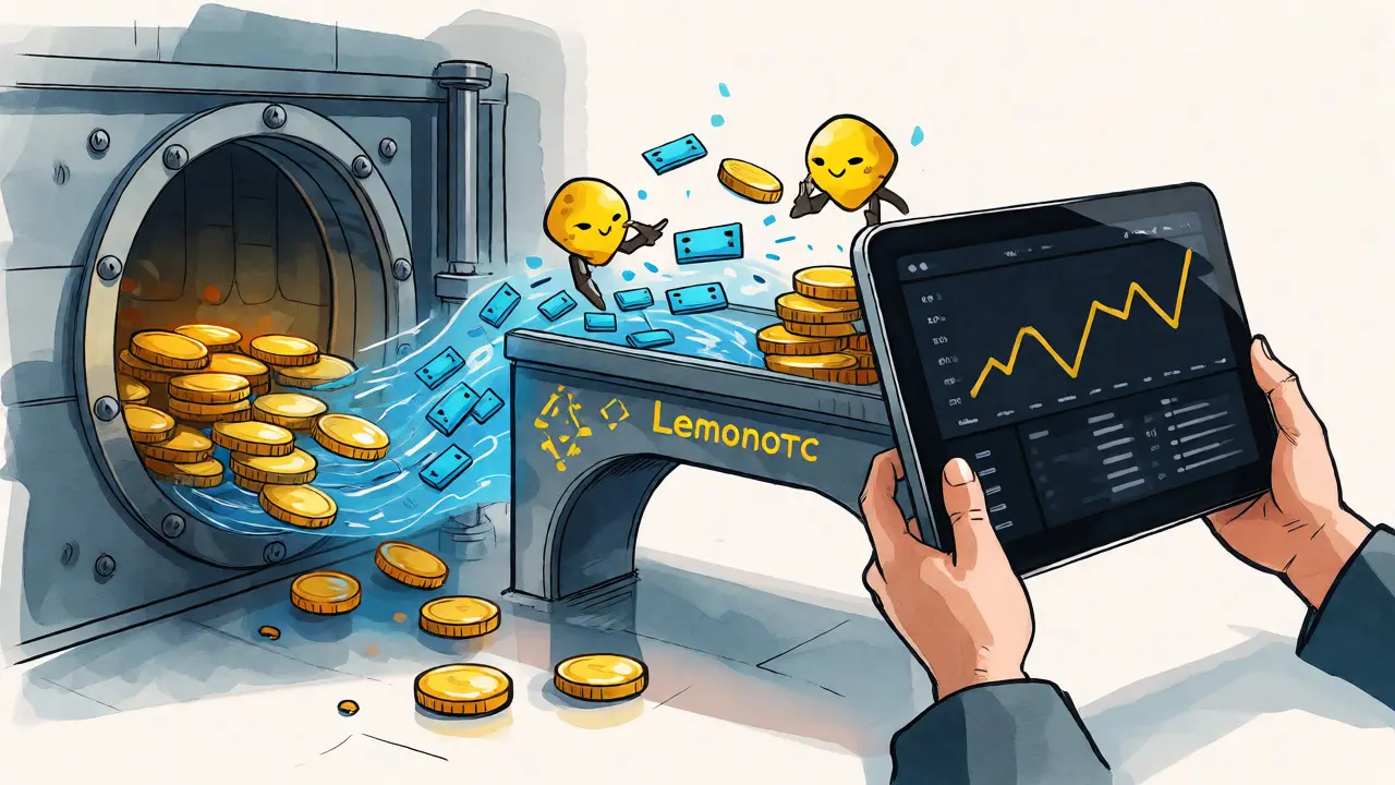 Illustration of gold coins flowing from a bank vault through an OTC bridge to a trading screen.