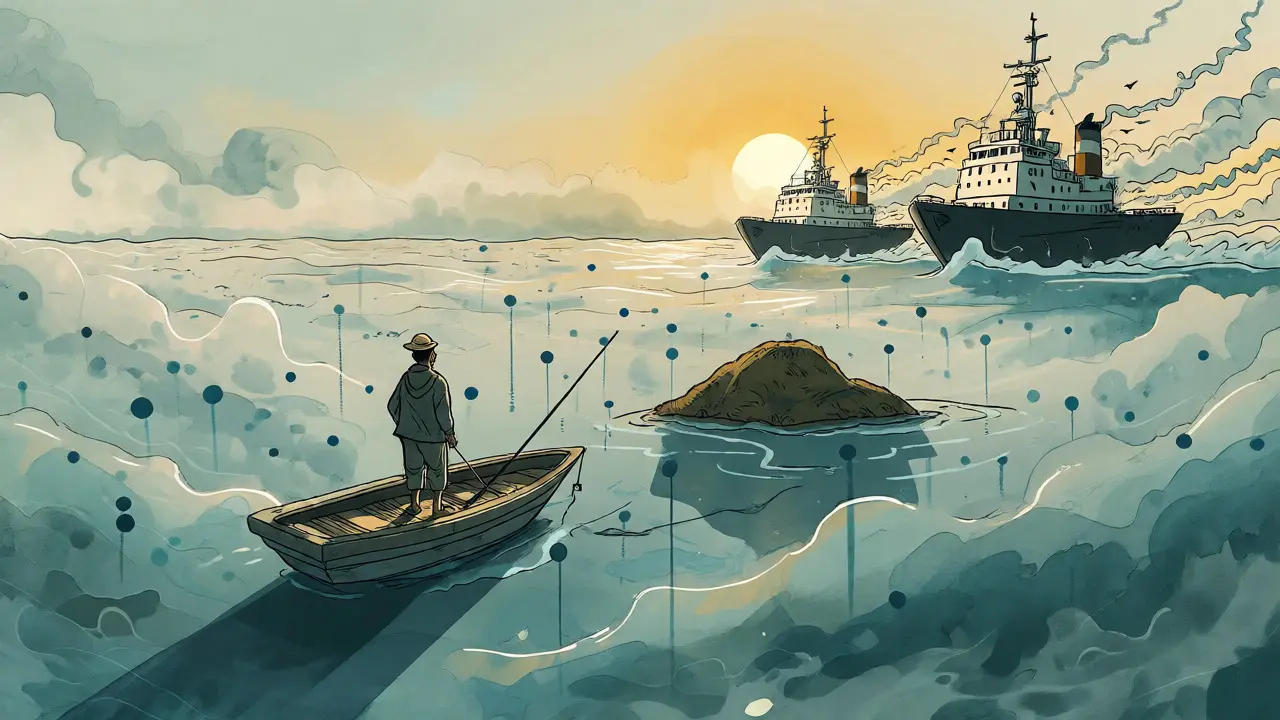 Isolated trader on a small boat amidst fog, representing untracked exchange liquidity.