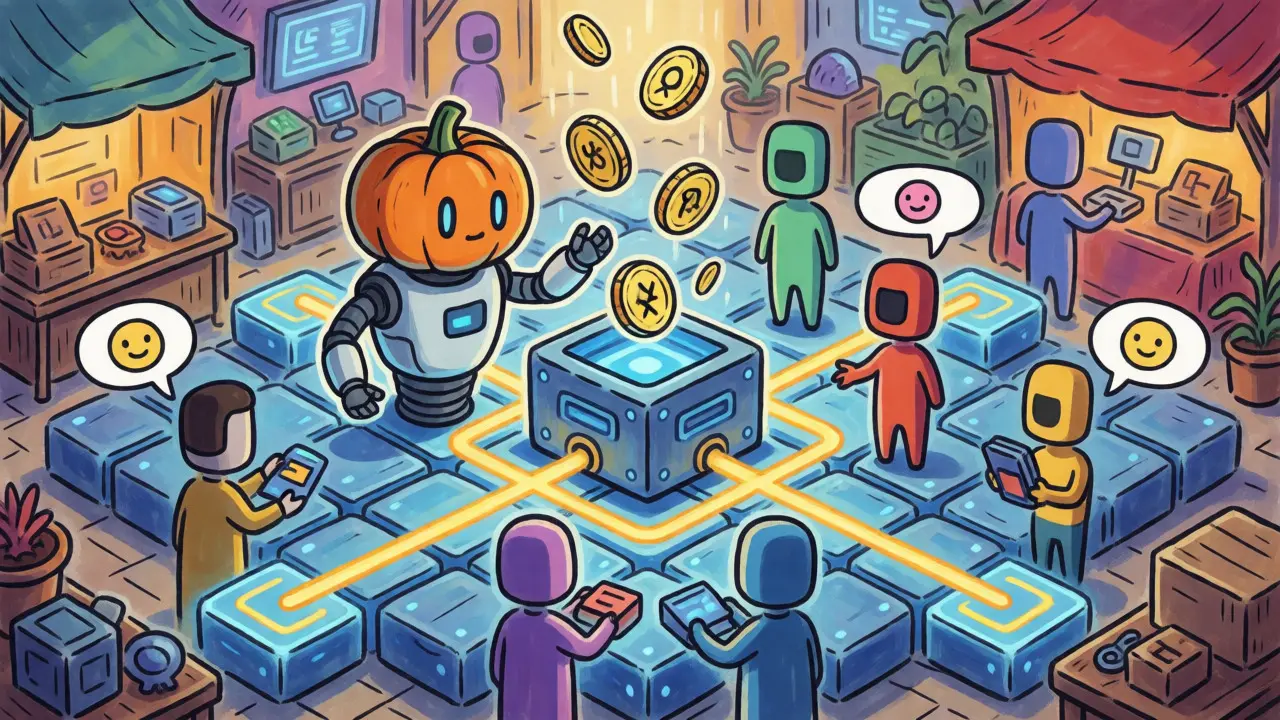 Isometric digital marketplace where a pumpkin robot trades with user avatars on a blockchain grid.