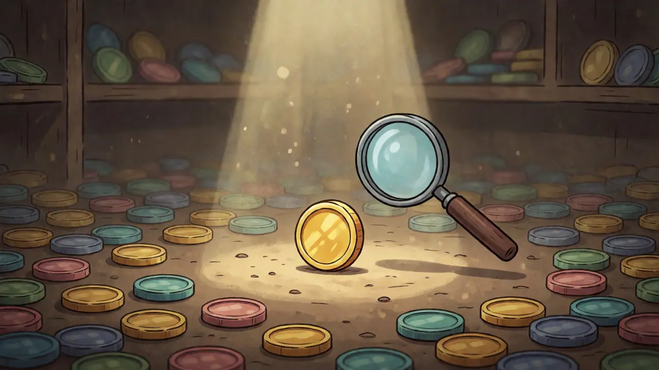 Lonely golden coin in a dusty vault surrounded by faded tokens