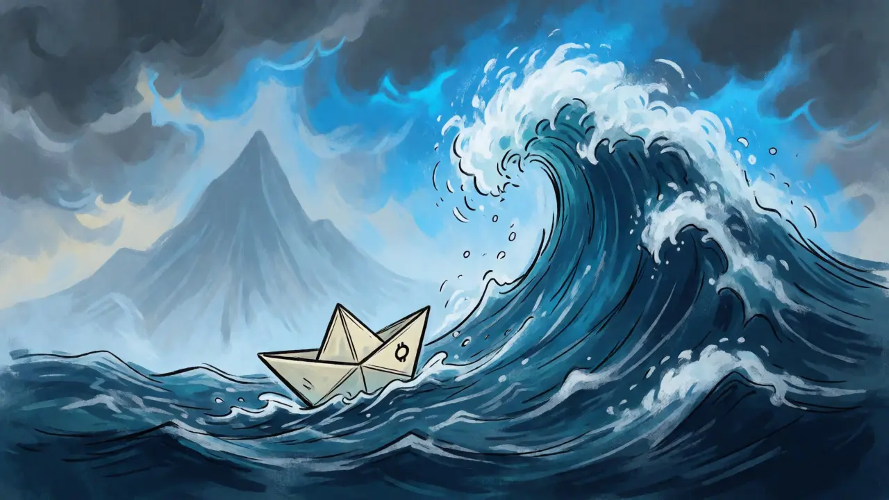 Paper boat on turbulent waves symbolizing crypto price drop
