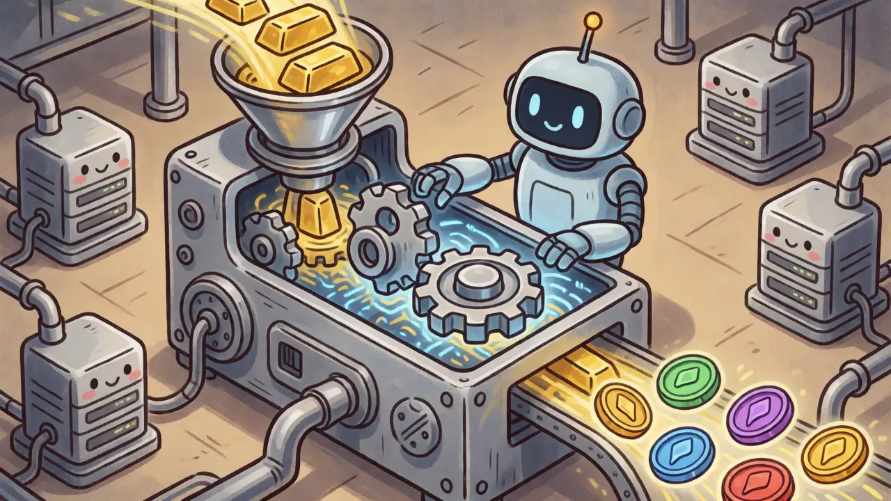 Robot operating a machine converting raw ETH into liquid staking tokens.