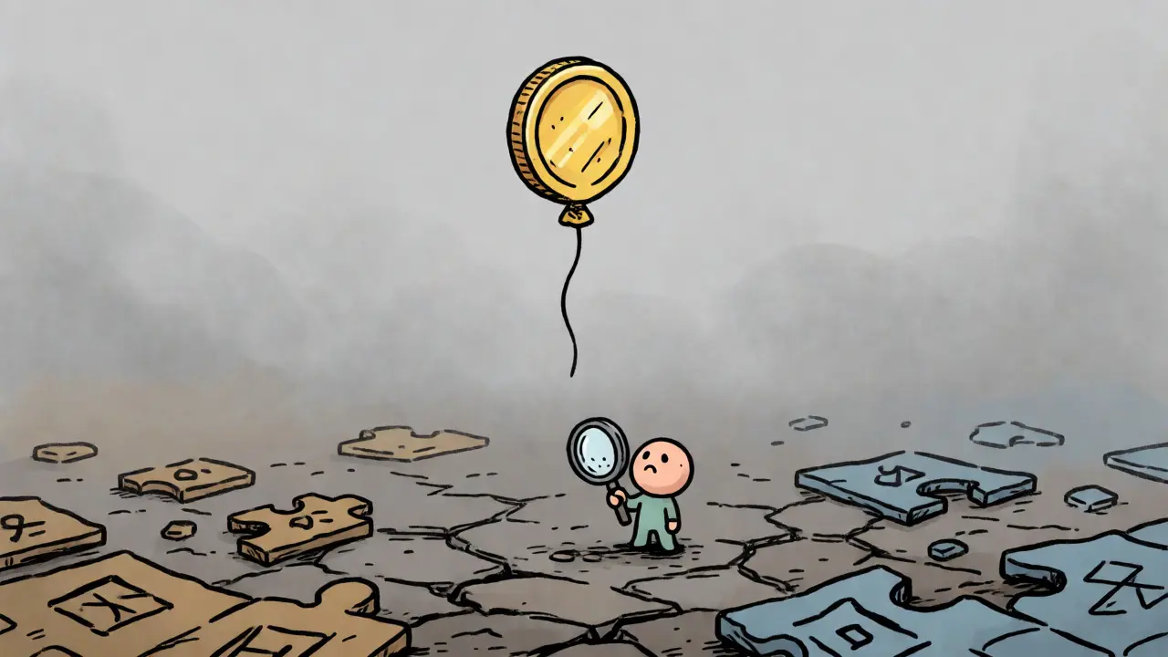 Sad character watching a deflated coin balloon in a grey, desolate landscape