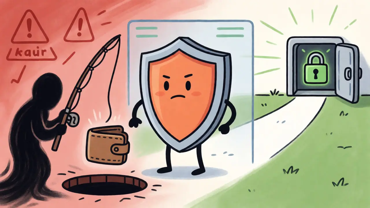 Shield character guarding a safe path from a shadowy scammer with a fishing rod