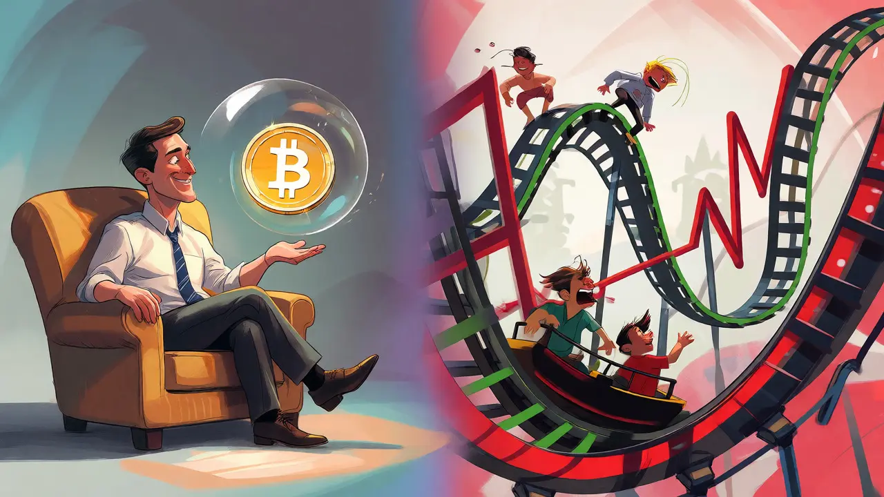 Split image showing a safe investor with a protected coin versus a chaotic market rollercoaster.