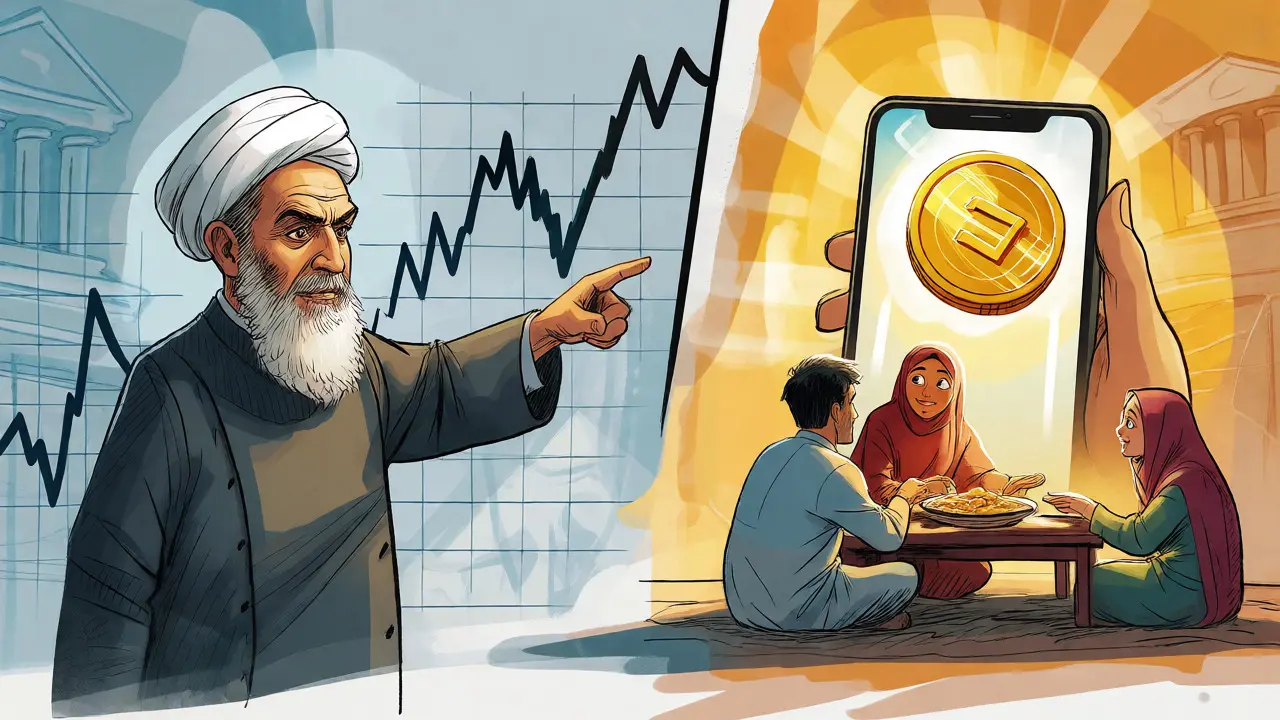 Split scene showing religious restrictions versus families relying on crypto remittances.