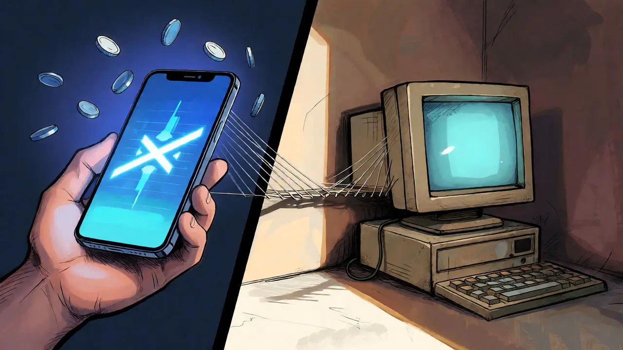 Split view comparing mobile trading convenience vs. desktop-only limitations.