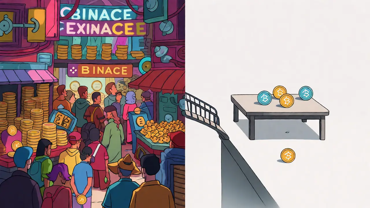 Split view of a busy crypto market versus an empty table with only four tokens.