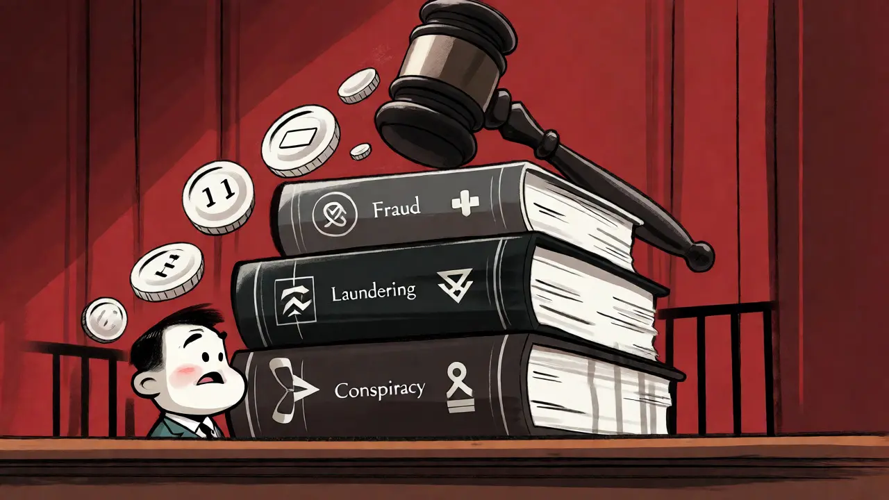Stack of legal books crushing a worried crypto executive