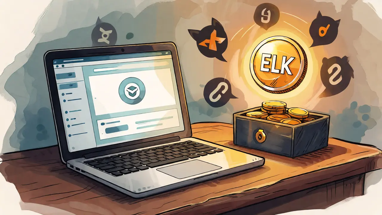 Stylized desk with laptop, ELK token, and vault